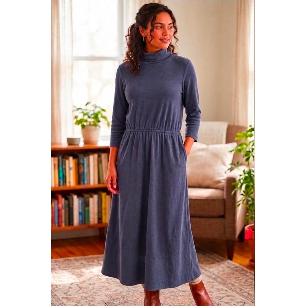 LL Bean Womens Large Petite Blue Turtleneck Maxi Dress Long Sleeve Pockets